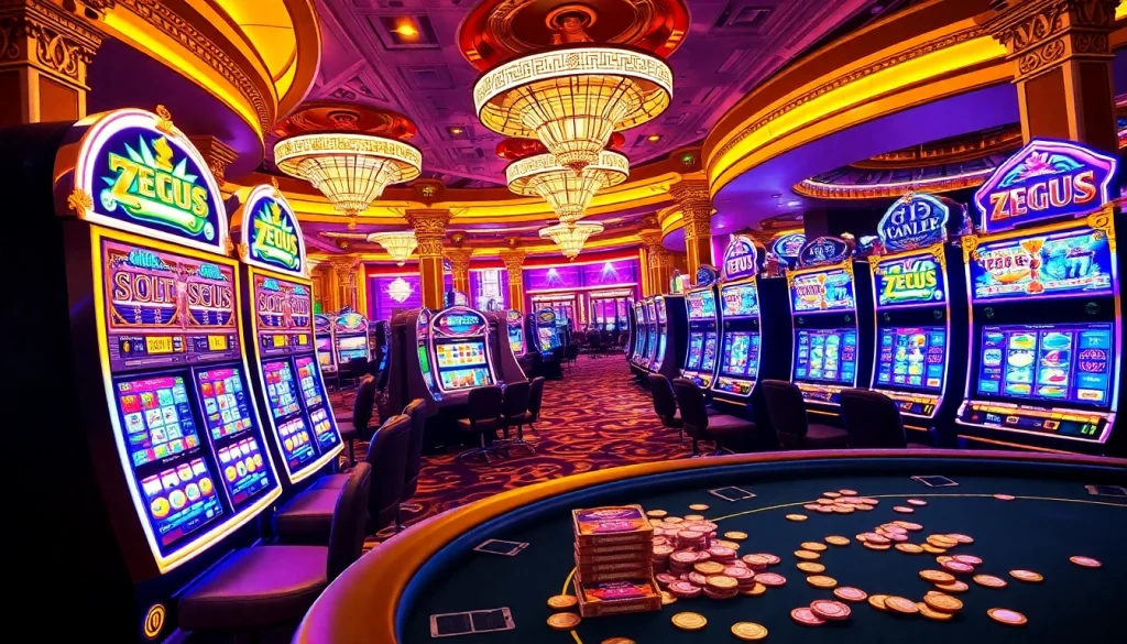 Rasakan permainan slot Zeus yang mendebarkan dengan mesin yang berwarna-warni dan suasana kasino yang mewah.