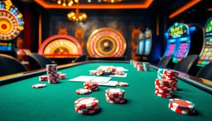 Experience thrilling gameplay with רמי אונליין at a lavish casino setting featuring poker and roulette.
