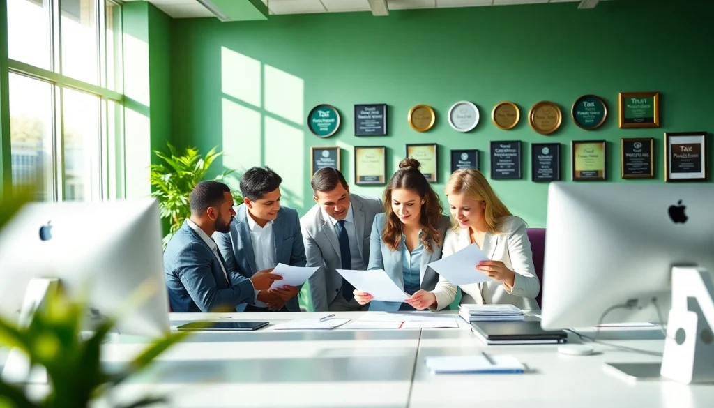 Tax office team collaborating on financial documents in a modern office environment.