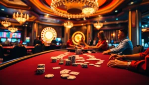 Experience the thrill of winning at https://mm88.video/ with a vibrant casino scene featuring players at tables.