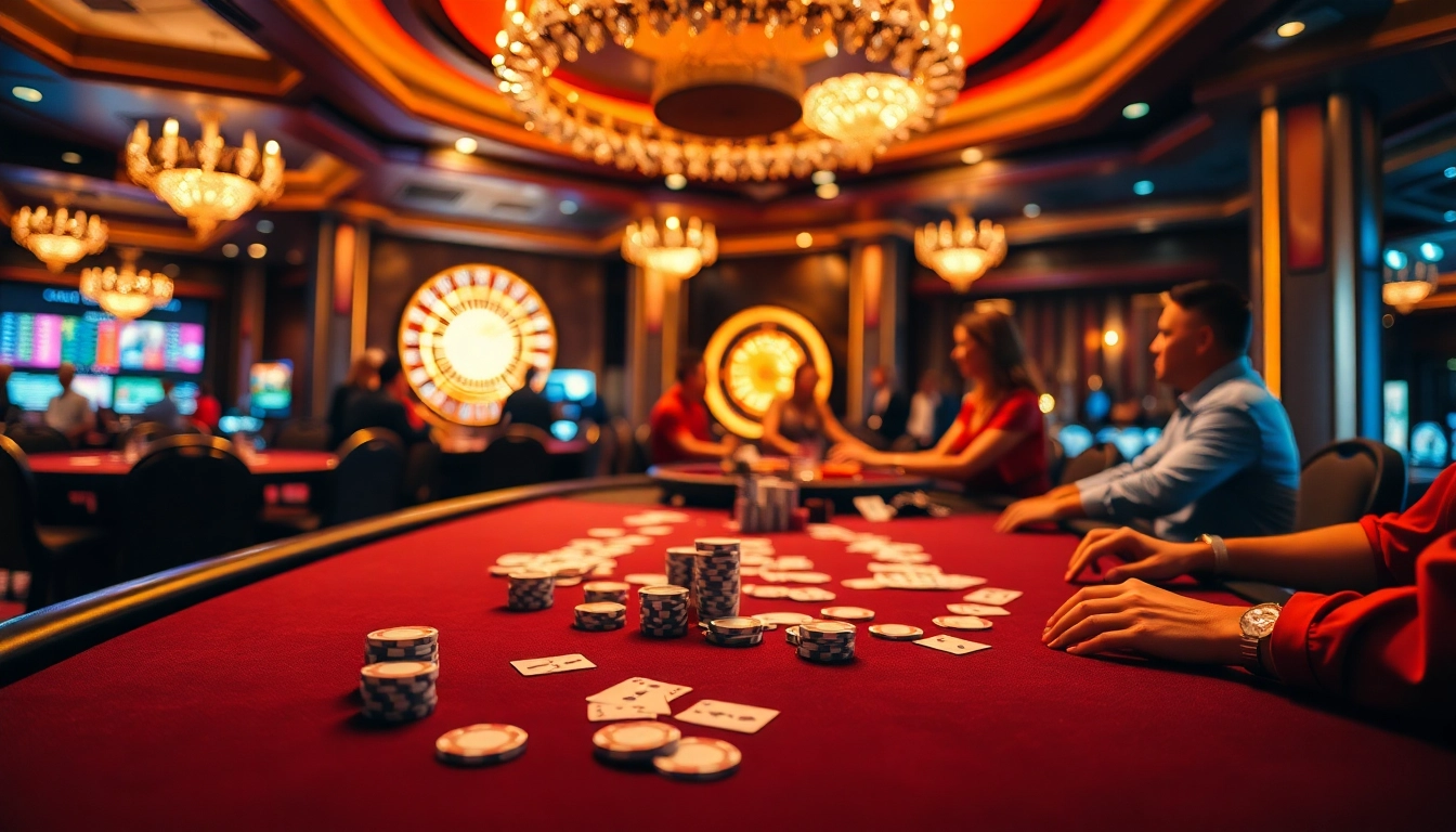 Experience the thrill of winning at https://mm88.video/ with a vibrant casino scene featuring players at tables.