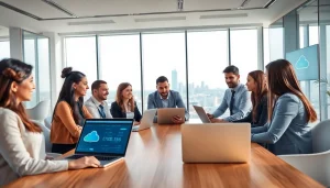 Team engaging in cloud migration services discussions in a modern office environment.