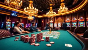 Dynamic poker game scene at Nhà cái OKWIN showcasing excitement and luxury in gambling.