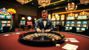 Experience GG88 in a vibrant casino setting with roulette wheels, poker chips, and elegantly designed playing cards.