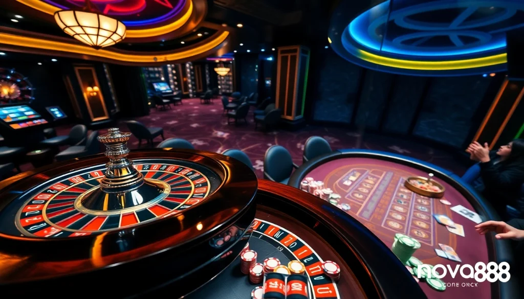 Engage with thrilling games at nhà cái nova88, featuring vibrant poker chips and casino tables.
