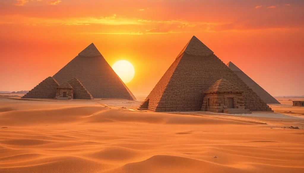 Aerial view of pyramids showcasing their grandeur with a stunning sunset background.