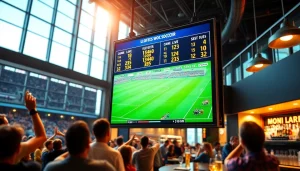 View of a soccer scoreboard highlighting บ้านผลบอลวันนี้ amidst enthusiastic fans in a sports bar