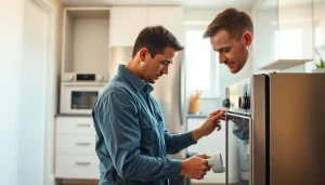 Appliance repair Ottawa technician repairing a home appliance in a bright kitchen.