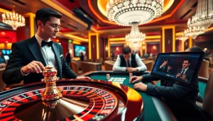 Man88 casino scene showcasing poker chips and a roulette wheel in an exciting gaming environment.