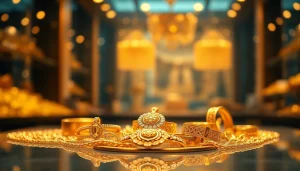 Showcasing the present price of gold in india with luxurious gold jewelry under warm lighting.
