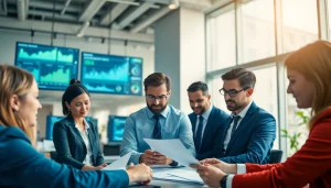 Team working on competitive intelligence for sales in a bright office setting with technology.