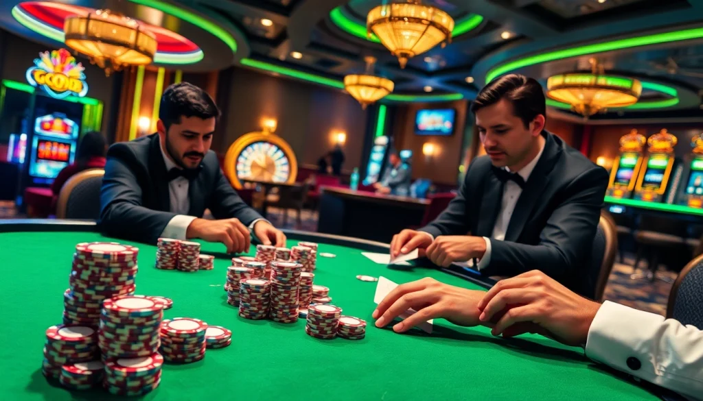 Players enjoying a high-stakes poker game in an elegant casino setting, featuring GO8 branding and luxurious details.