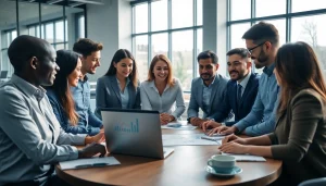 Diskusikan strategi investasi dengan deposit 1k di ruang pertemuan modern dengan suasana profesional.