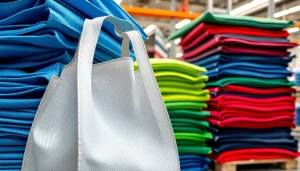 Stacked woven polypropylene bags showcasing their vibrant colors and practical design.