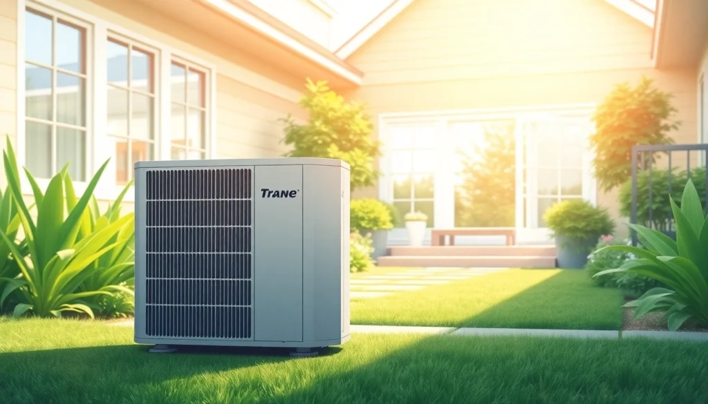 Showcasing Trane heat pumps in a serene home environment, blending modern efficiency with natural beauty.