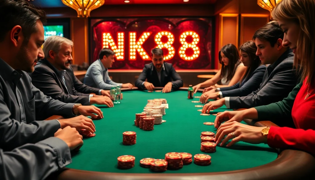 Players engaged at the NK88 gaming table, showcasing excitement in a vibrant casino atmosphere.