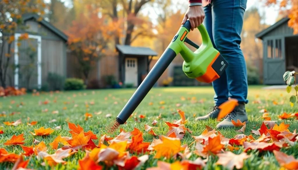 Electric leaf blower clearing vibrant autumn leaves in a backyard
