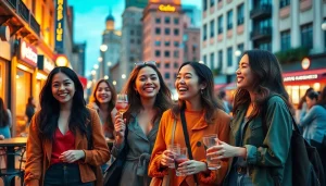 Find OnlyFans girls in my area with a vibrant urban atmosphere showcasing young women socializing.