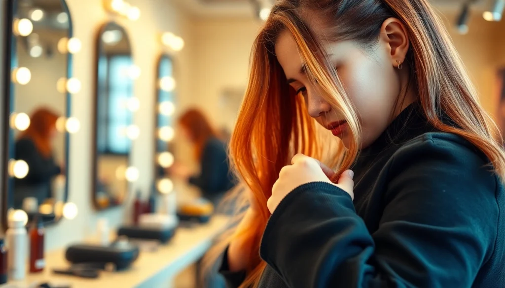 Coafat Bucuresti showcasing a hairstylist applying color in a modern salon setting.