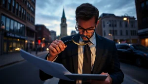 Private Investigator in Middletown, CT conducting surveillance with documents and tools in an urban setting.