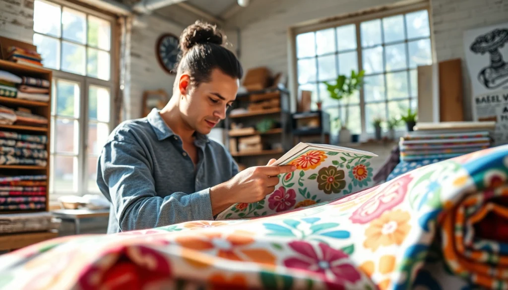 Hoogwaardige bedrukte katoenen stoffen in een gezellige werkplaats, perfect voor designprojecten.