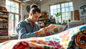 Hoogwaardige bedrukte katoenen stoffen in een gezellige werkplaats, perfect voor designprojecten.