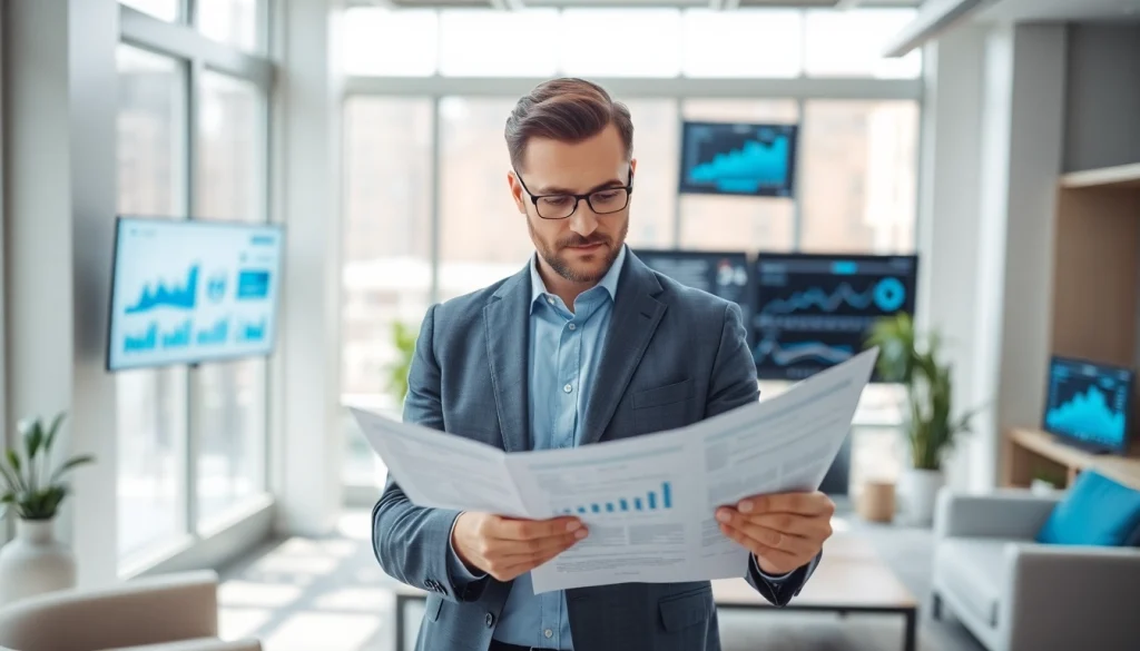 Financial consultant reviewing data trends on https://m.check-rates.com in a modern office.