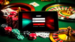 Engaging sbobet login interface surrounded by poker chips and roulette wheel, showcasing high-stakes excitement.