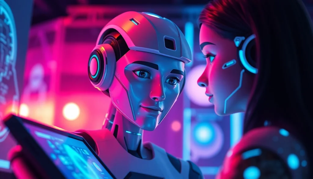 Engaging NSFW character AI interaction in a futuristic digital environment showcasing vibrant emotions.