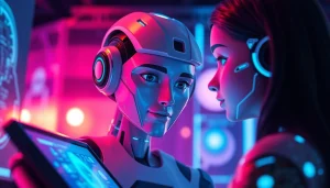 Engaging NSFW character AI interaction in a futuristic digital environment showcasing vibrant emotions.