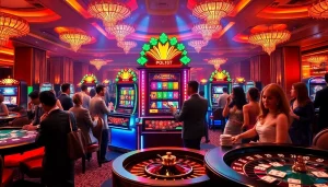 Bermain di mesin slot di kasino yang ramai, dikelilingi chip poker dan kartu.