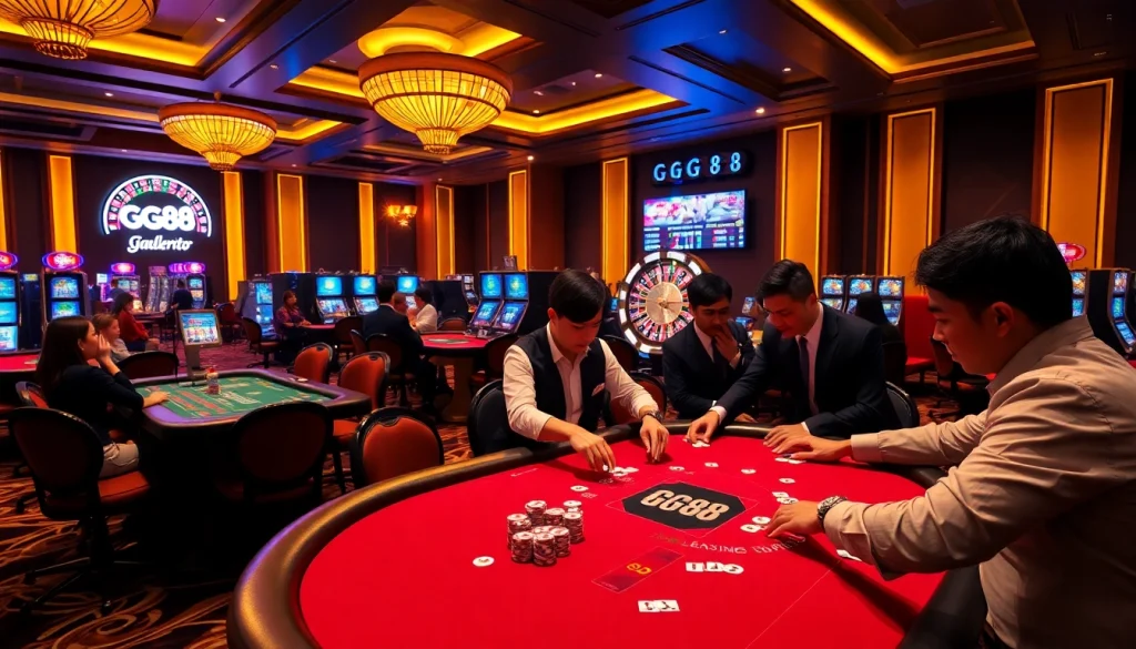 GG88 casino scene with players at tables, showcasing vibrant gaming excitement and luxury atmosphere.