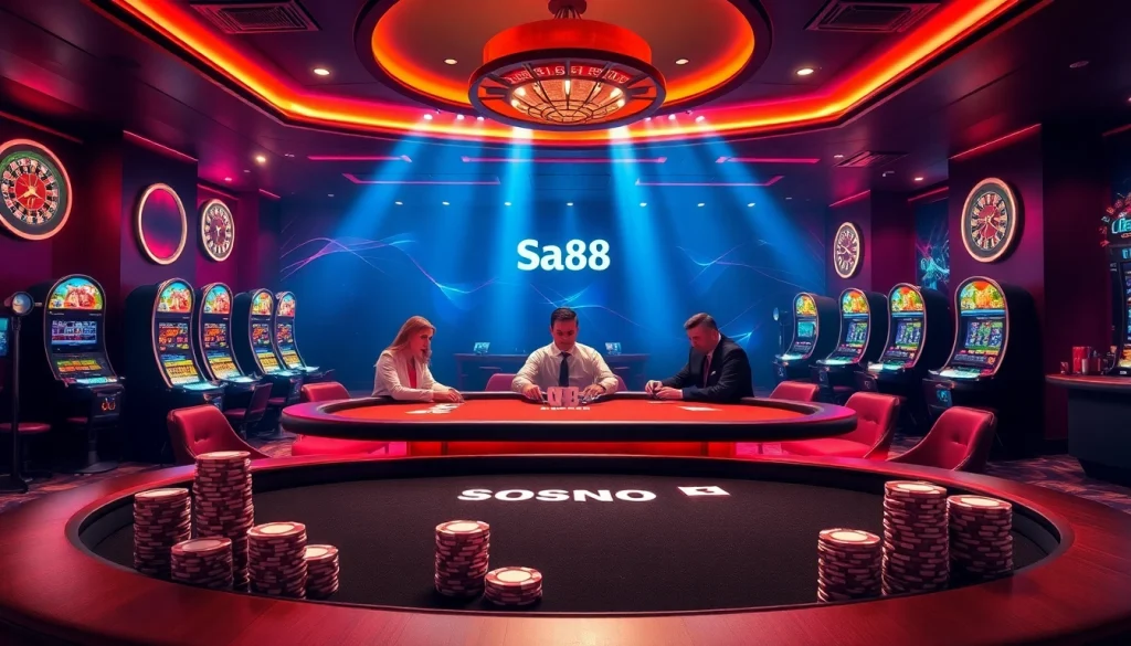 Experience excitement at nhà cái sa88 with professional gaming tables and vibrant casino elements.