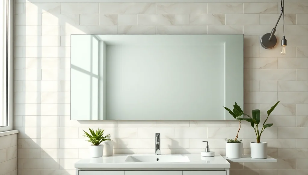 Showcase an elegant bathroom mirror reflecting a stylish bathroom setting with natural lighting and decor.