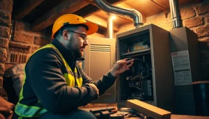 Expert performs gas furnace repair lewisboro in a well-lit basement setting.