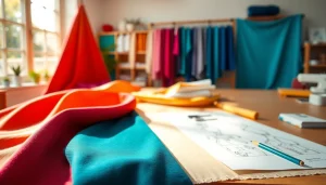 Bekijk de diverse uni katoen stof stalen in een creatieve studio met krachtige kleuren.