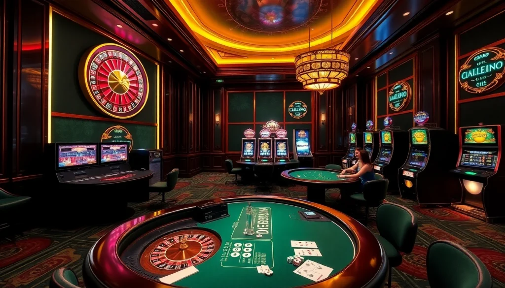 Exciting casino experience at KJC COM with poker chips and a roulette wheel.