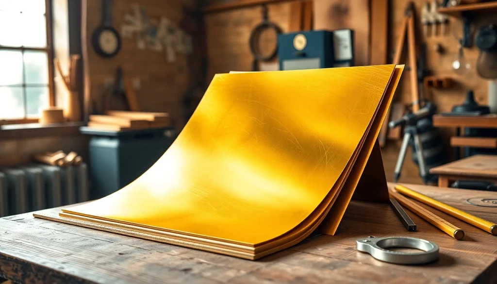 Foi de alamă (tabla alama) pe un banc de lucru cu unelte, evidențiind calitatea.