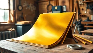 Foi de alamă (tabla alama) pe un banc de lucru cu unelte, evidențiind calitatea.