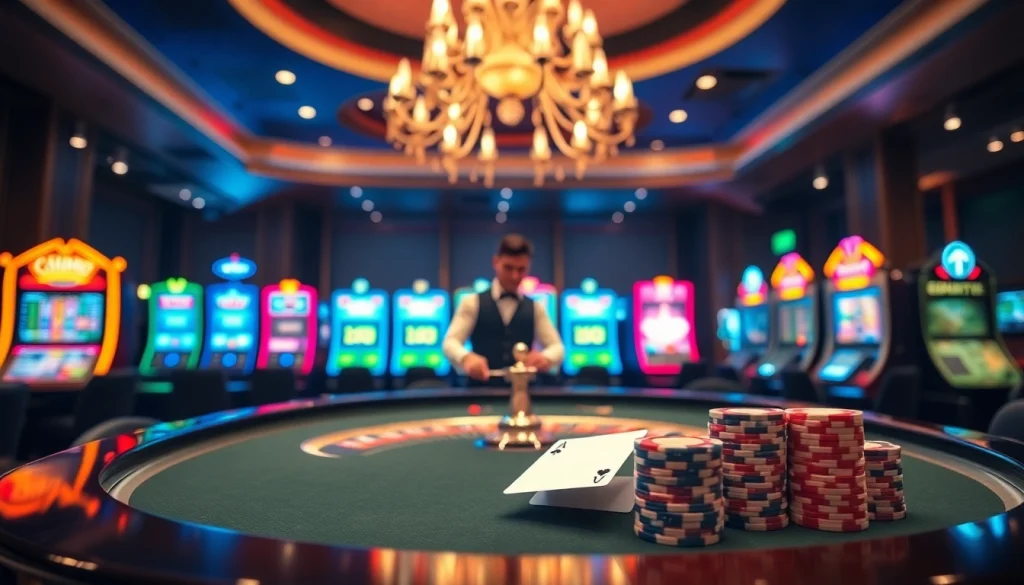 Scène passionnante représentant le meilleur casino en ligne avec roulette, jetons de poker et machines à sous