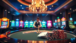 Scène passionnante représentant le meilleur casino en ligne avec roulette, jetons de poker et machines à sous