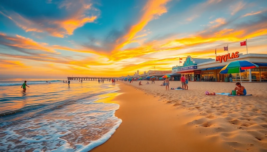Families enjoying Myrtle Beach at sunset with umbrellas and lively boardwalk.