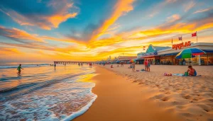 Families enjoying Myrtle Beach at sunset with umbrellas and lively boardwalk.