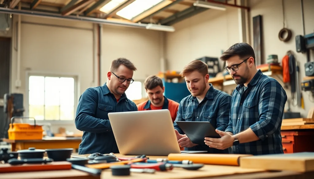 Creating stunning web design essex for trades in a collaborative workshop environment showcasing tools and teamwork.