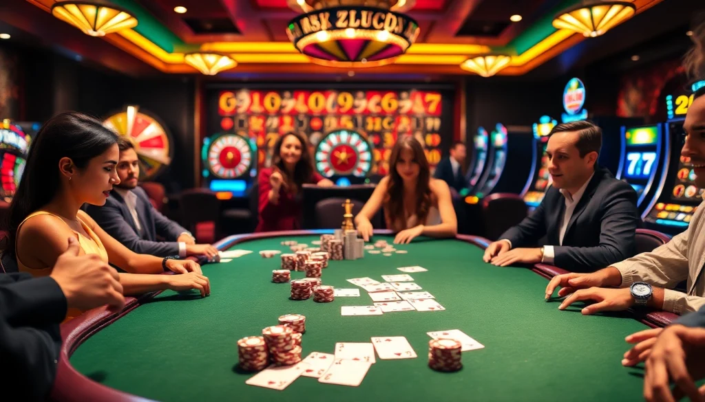 Players strategizing at a vibrant poker table at https://mm88.br.com/ showcasing excitement in casino gaming.