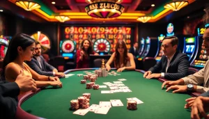 Players strategizing at a vibrant poker table at https://mm88.br.com/ showcasing excitement in casino gaming.