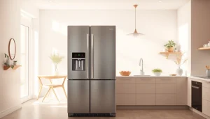 Modern kitchen showcasing a sleek Refrigerator with stylish design and inviting ambiance.