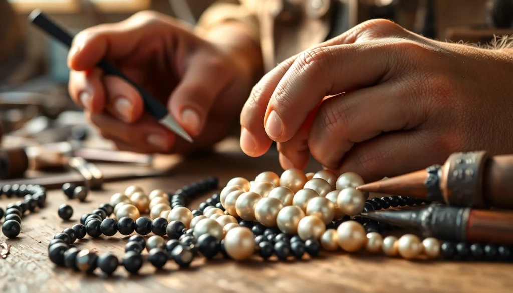 Handmade jewelry with stunning Navajo Pearls Canada displayed in an artisan's workshop.