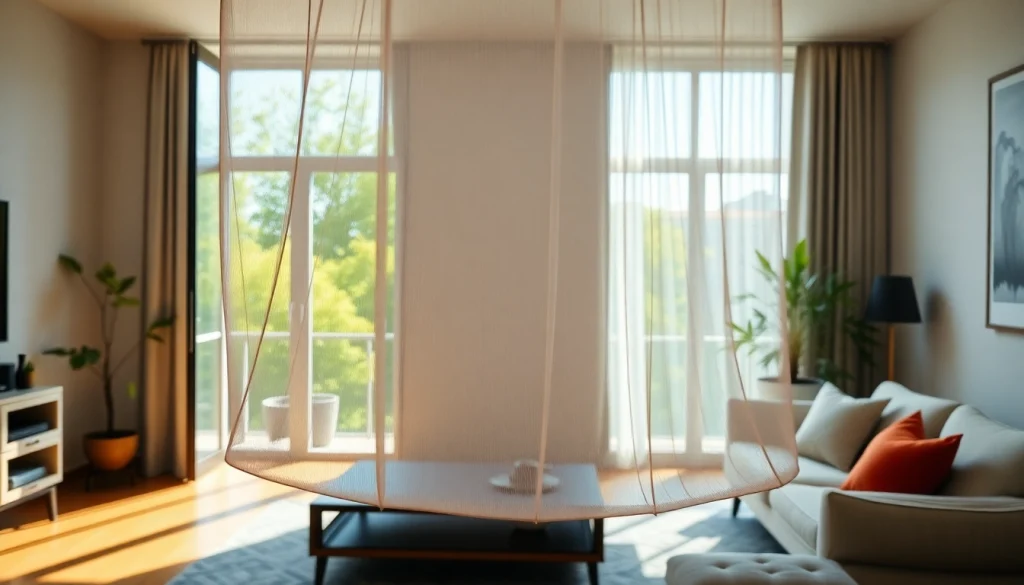 Zanzariera porta finestra elegante che protegge dalla polvere e insetti all'interno di un salotto accogliente.