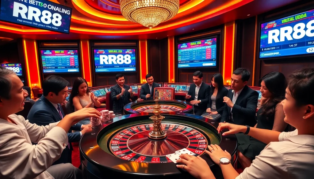 RR88 players engaging in an exciting game at a luxurious casino table.